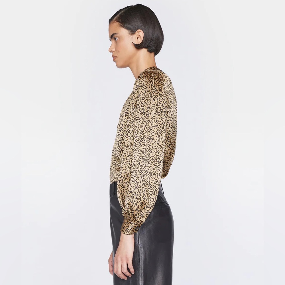 FRAME DENIM- Shirred Mock Neck Blouse-
in Beige Multi - Picture 8 of 9